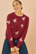 Yumi Burgundy Sequin All Over Applique Bow Knitted Jumper