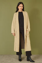 Yumi Oatmeal Knitted Maxi Cardigan With Pockets