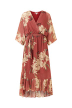 Rose Pink Floral Kimono Sleeves Dip Hem Wrap Midi Dress