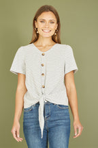 Yumi Grey Striped Jersey Button Detail Top