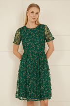 Yumi Green Embroidered Floral Skater Dress