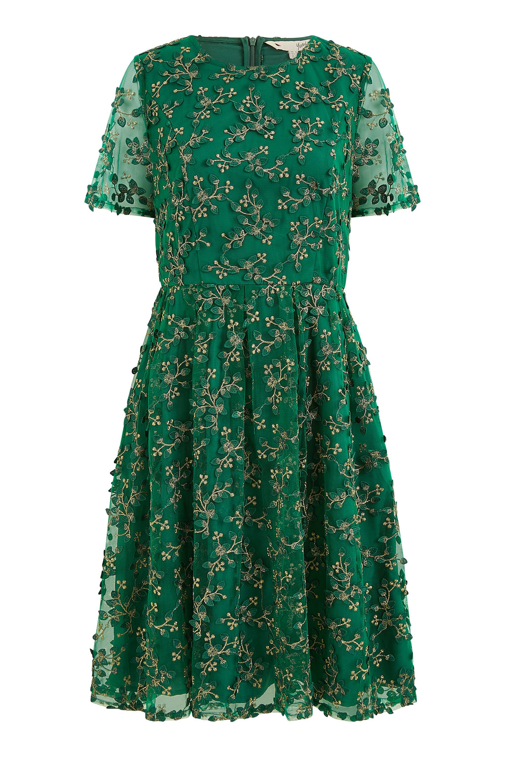 Yumi Green Embroidered Floral Skater Dress