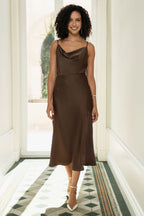 Yumi Brown Satin Cowl Neck Midi Slip Dress