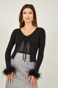 Yumi Black Ribbed Bolero With Feather Cuffs