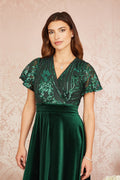 Yumi Green Embellished Velvet Wrap Skater Midi Dress