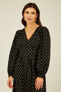 Yumi Black Foil Print Long Sleeve Midi Dress