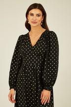 Yumi Black Foil Print Long Sleeve Midi Dress