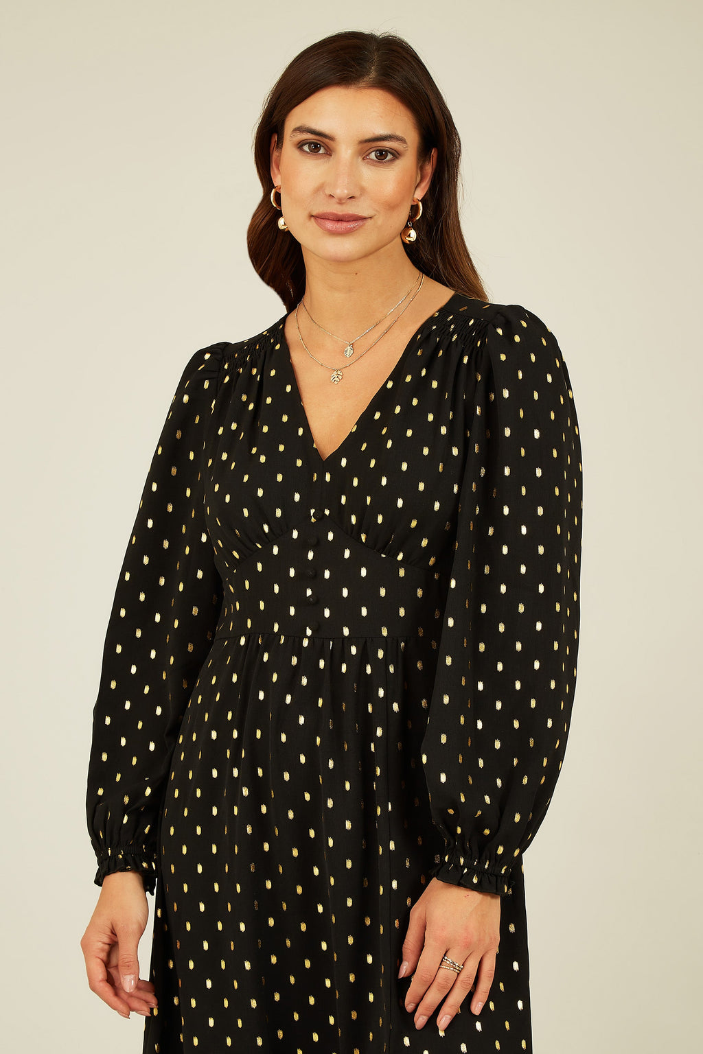 Yumi Black Foil Print Long Sleeve Midi Dress