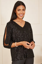 Yumi Black Sequin Sleeve Slit Sleeve Top