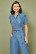 Yumi Blue Cotton Chambray Button Up Jumpsuit