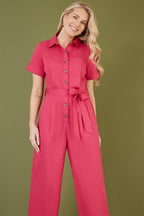 Yumi Pink Viscose Twill Button Up Utility Style Jumpsuit