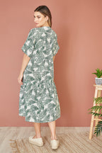 Yumi Green Organic Cotton Palm Print Tiered Tunic Dress