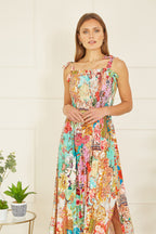 Yumi Multicolour Patchwork Split Hem Maxi Dress With Tie Straps