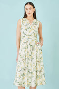 Yumi White Floral Print Mesh Stretch Midi Dress With Pockets