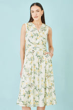 Yumi White Floral Print Mesh Stretch Midi Dress With Pockets