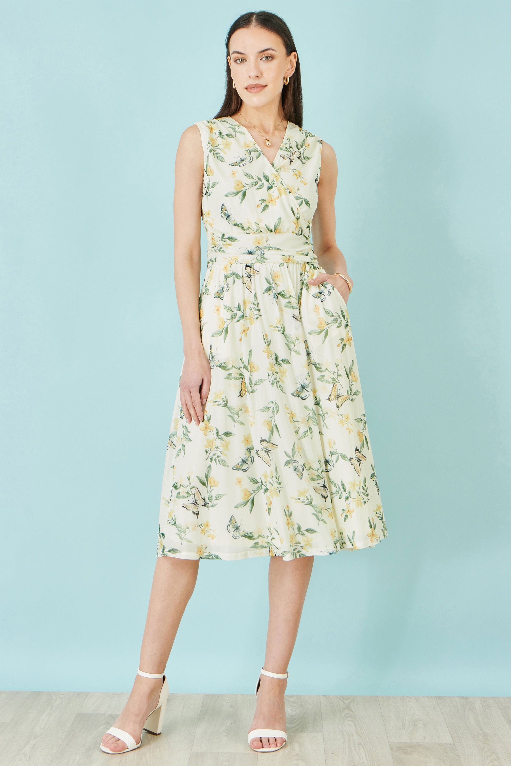 Yumi White Floral Print Mesh Stretch Midi Dress With Pockets