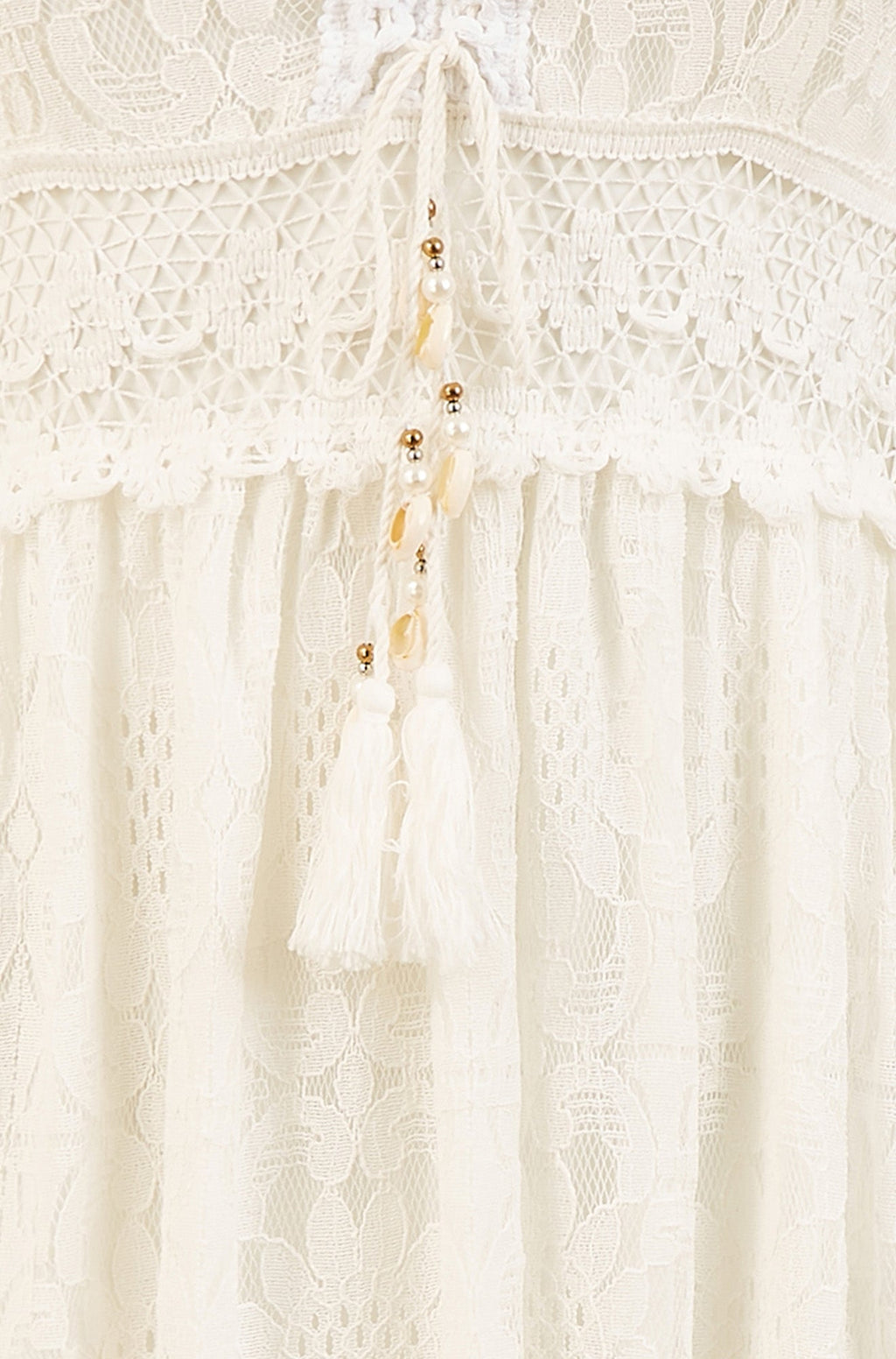 Yumi White Lace Midi Sundress With Tassel Tie and Ruched Back
