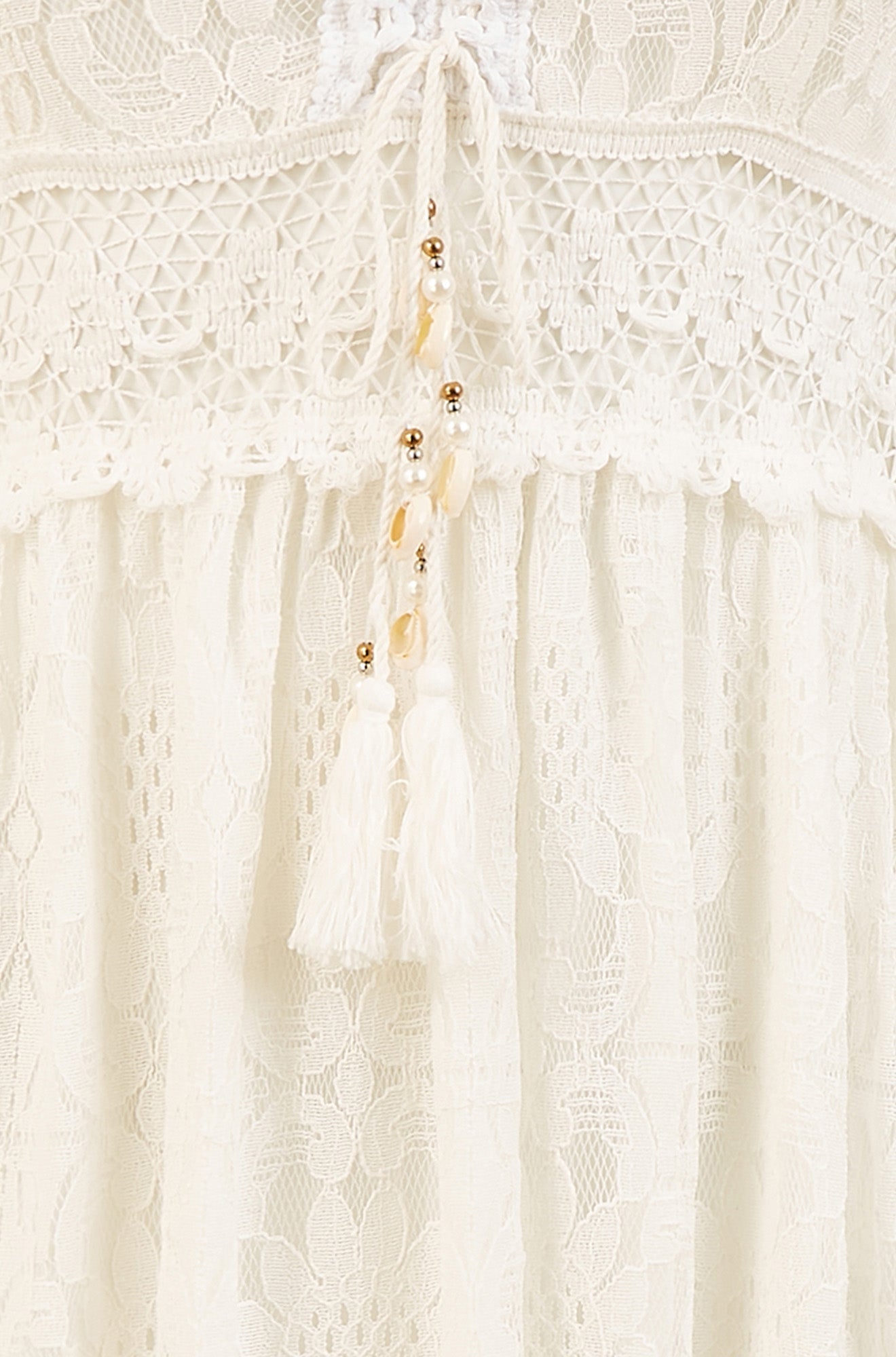 Yumi White Lace Midi Sundress With Tassel Tie and Ruched Back