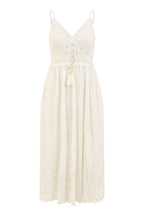 Yumi White Lace Midi Sundress With Tassel Tie and Ruched Back