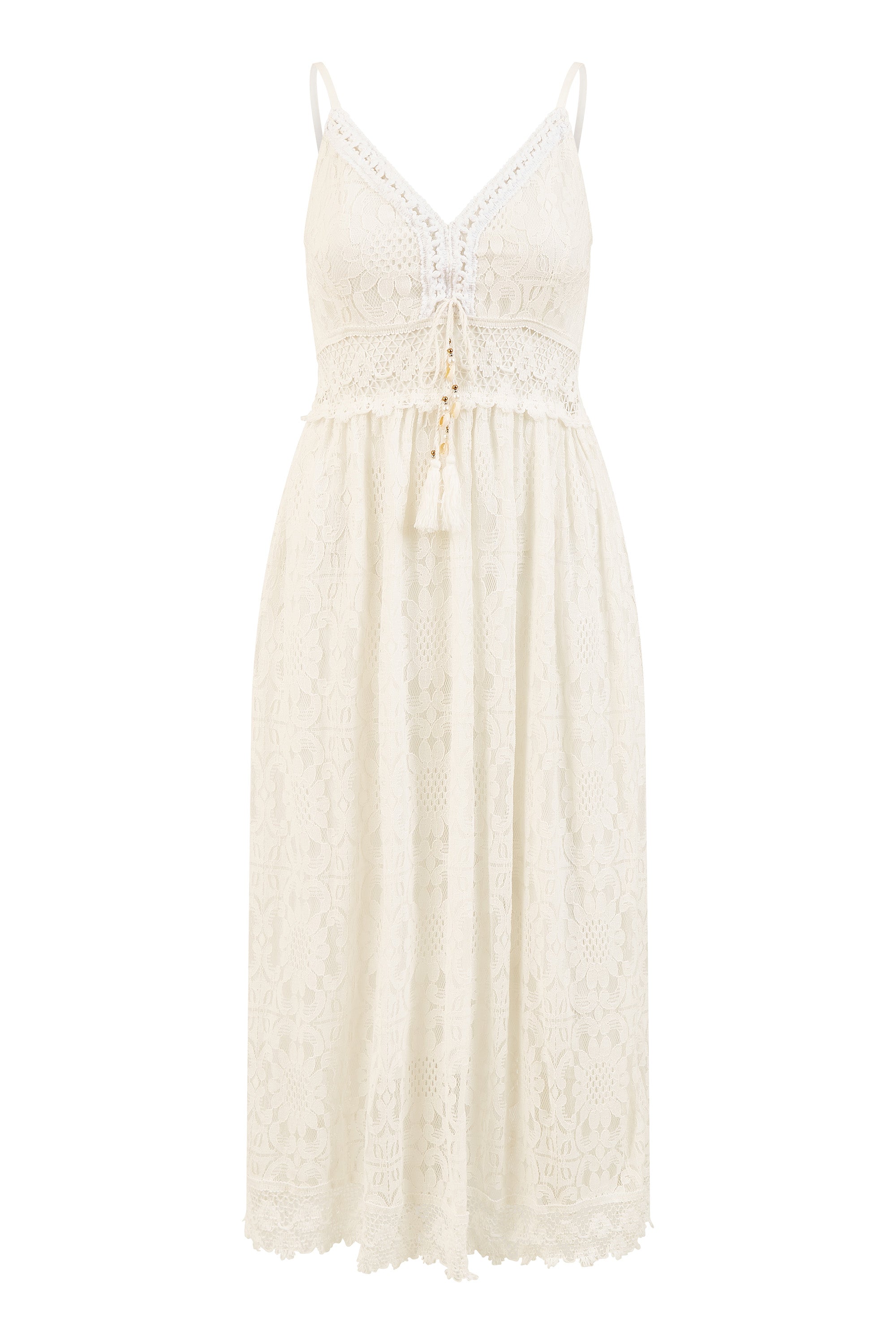 Yumi White Lace Midi Sundress With Tassel Tie and Ruched Back