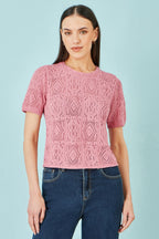 Yumi Pink Cotton Crochet Knitted Top
