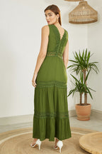 Yumi Green Lace Trim Cotton Midi Sun Dress