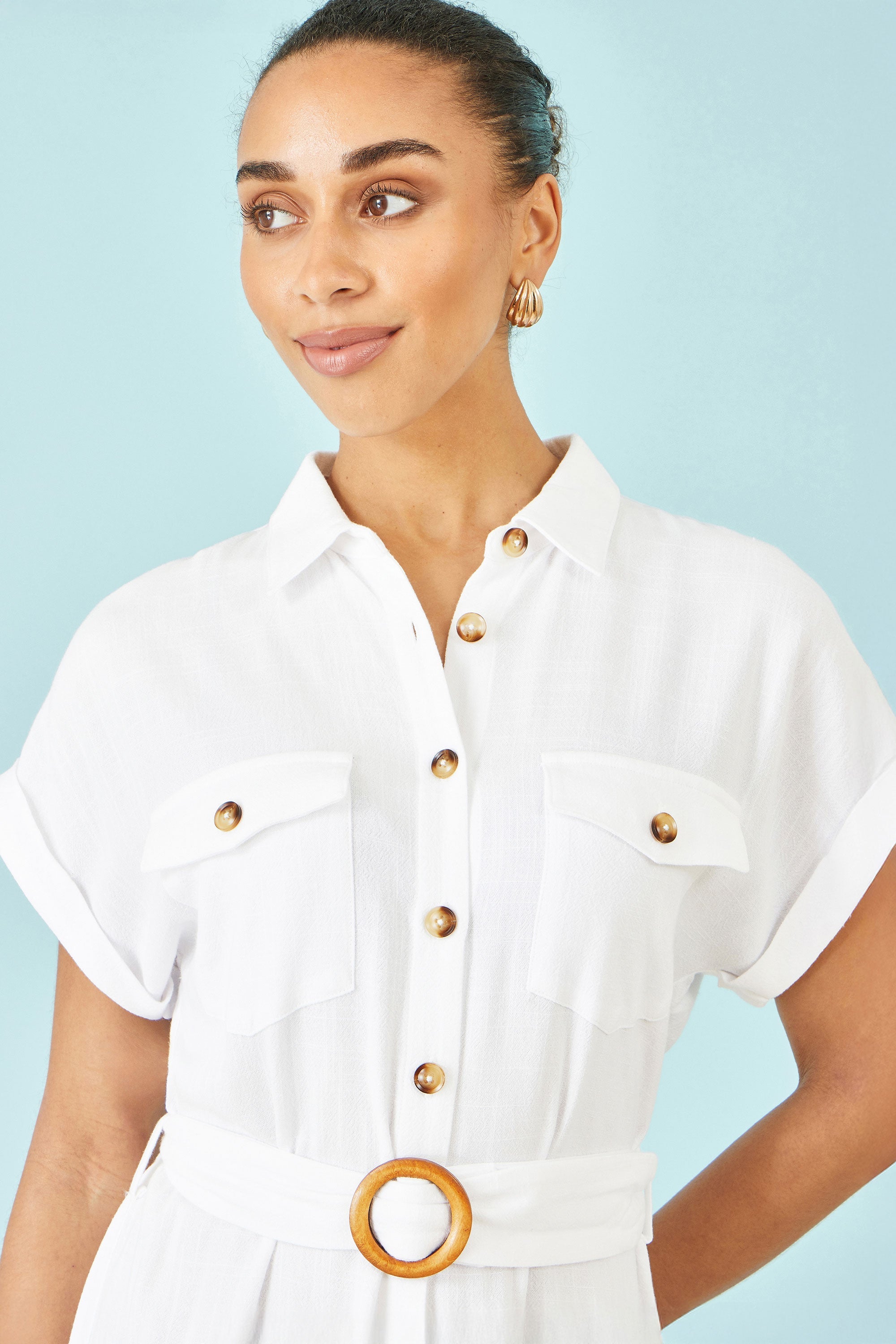 Yumi White Viscose Linen Look Midi Shirt Dress With Wooden Belt