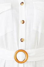 Yumi White Viscose Linen Look Midi Shirt Dress With Wooden Belt