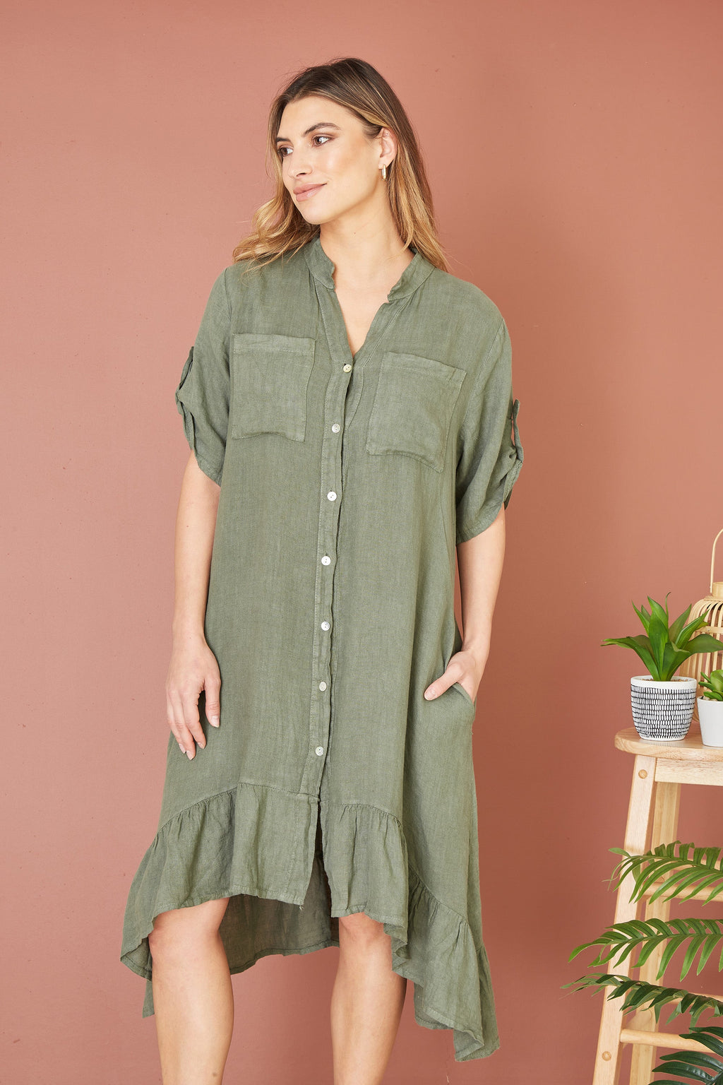 Yumi Khaki Italian Linen Shirt Dress With Frill Hem