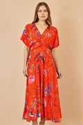 Yumi Orange Viscose Bird and Floral Print Kimono Midi Dress