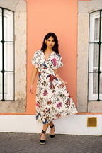 Yumi Ivory Bird and Floral Print Ruched Waist Kimono Midi Dress