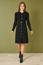 Yumi Black Rib Knit Midi Shirt Dress With Snaffle Belt