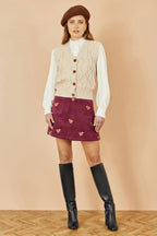Yumi Burgundy Corduroy Embroidered Squirrel Mini Skirt