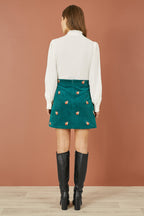 Yumi Teal Fox Embroidered Cord Mini Skirt