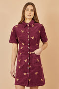Yumi Burgundy Cord Shirt Dress With All Over Squirrel Embroidery