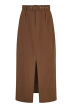 Yumi Brown Cotton Midi Skirt With Belt And Split Hem