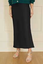 Yumi Black Satin Midi Skirt