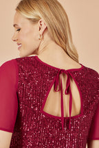 Yumi Burgundy Sequin Top With Sheer Sleeves And Cut Out Back