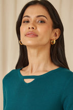 Yumi Teal Knitted Pleated Skater Dress With Notch Neckline