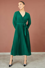 Yumi Green Pleated Wrap Midi Dress