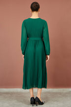 Yumi Green Pleated Wrap Midi Dress