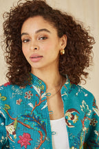 Yumi Teal Floral Print Reversible Cotton Quilted Jacket