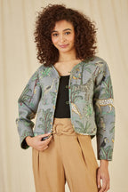 Yumi Green Animal Print Reversible Cotton Cropped Quilted Jacket