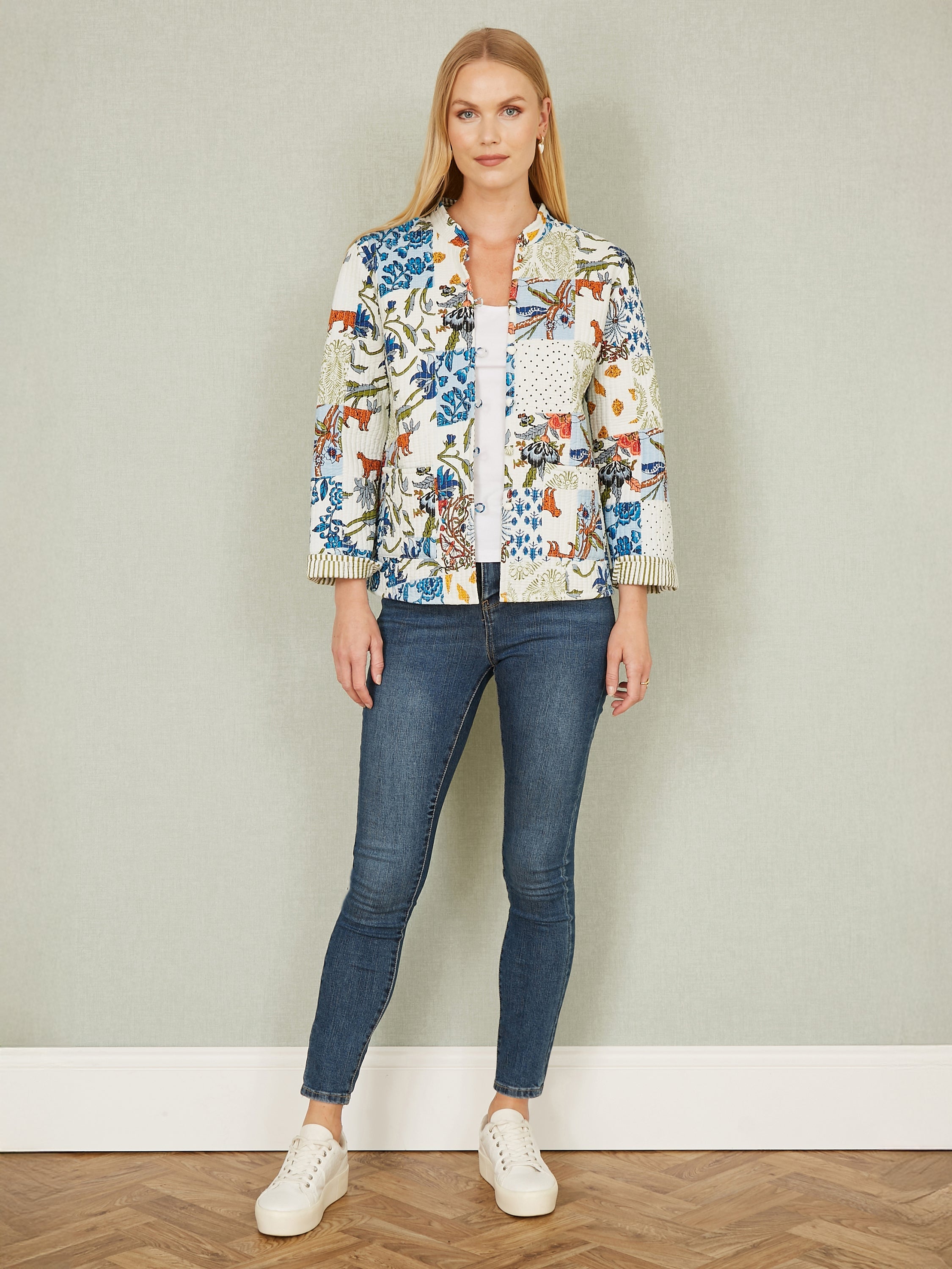 Yumi White Patchwork Print Reversible Cotton Quilted Jacket