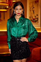 Yumi Green Metallic Relaxed Balloon Sleeve Shirt
