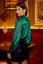Yumi Green Metallic Relaxed Balloon Sleeve Shirt