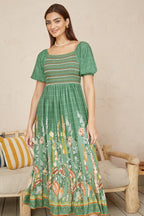 Yumi Green Ruched Leaf Print Maxi Dress With Puff Sleeves