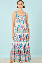 Yumi Blue Boho Block Print Tiered Maxi Dress
