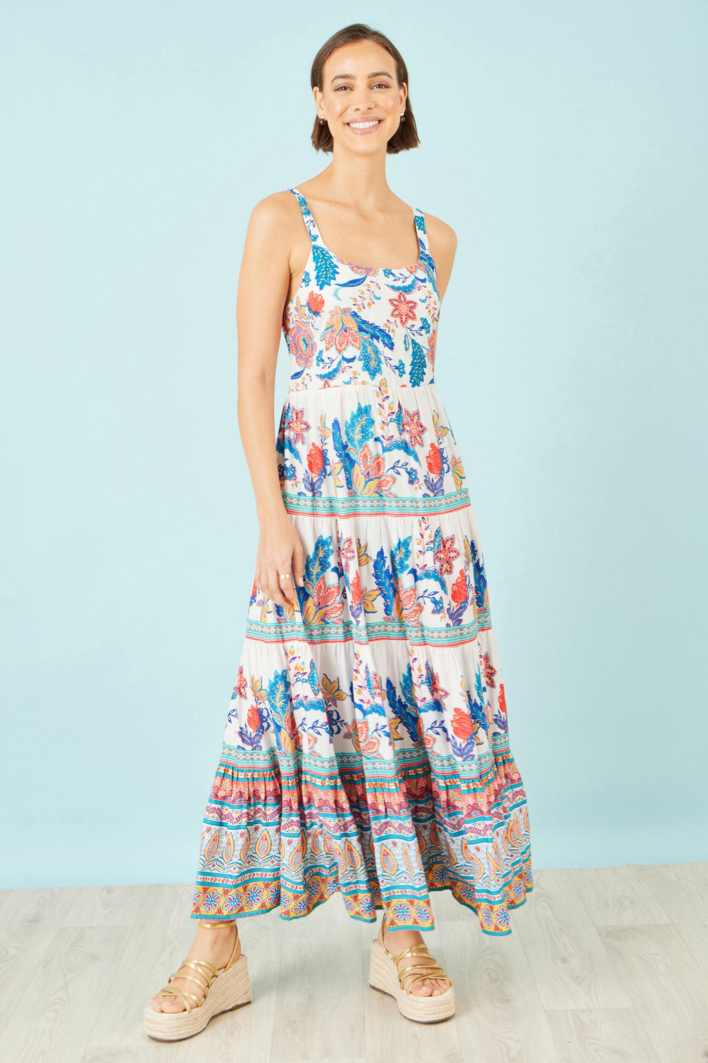 Yumi Blue Boho Block Print Tiered Maxi Dress