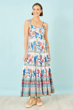 Yumi Blue Boho Block Print Tiered Maxi Dress